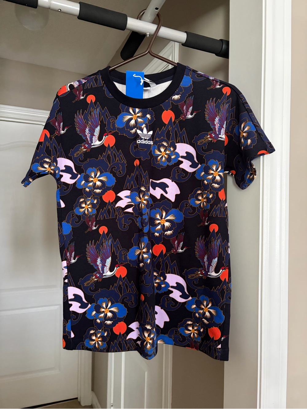 adidas Black Tee with Blue, Pink & Red Floral Crane Print